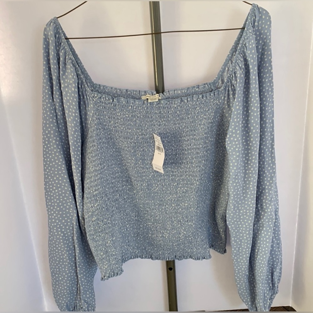 American Eagle Light Blue Polka Dot Smocked Crop Blouse XL Off-Shoulder no tags